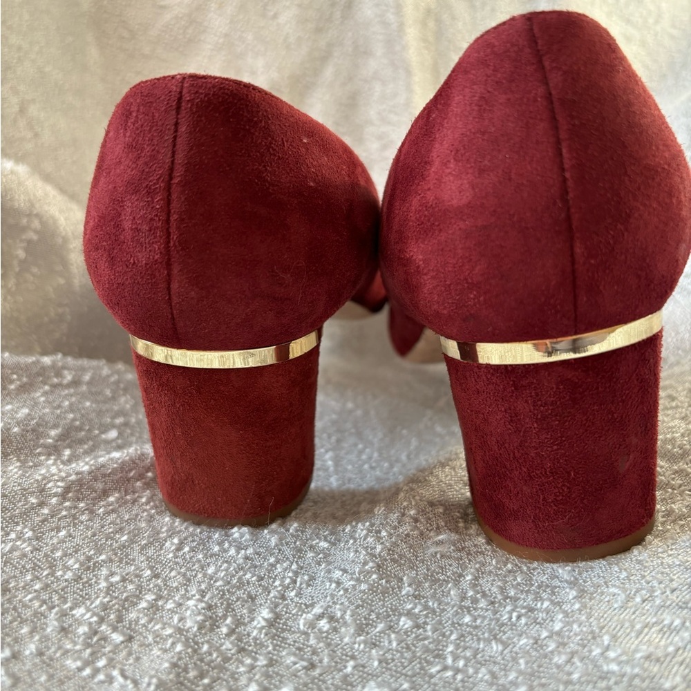 Pointed Toe Block Heel Pumps in Burgundy Suede - Picture 3 of 13